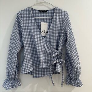 Zara Blue and White Gingham Wrap Blouse